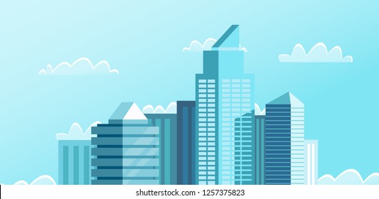 High-rise houses of the metropolis in the clouds. Roofs of skyscrapers in the blue sky. Multicast vector.