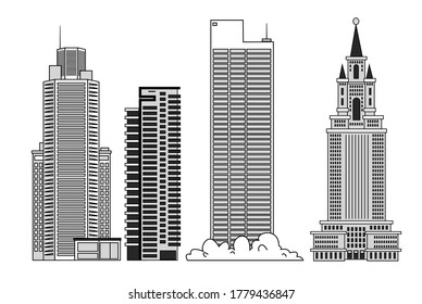 High-rise multi-storey buildings. Skyscraper set for urban illustrations.