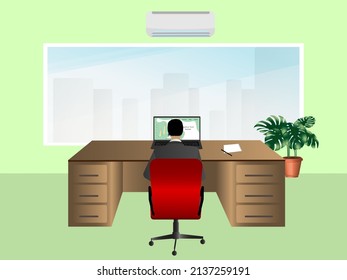 High-rise office with large windows and large desks. in the green executive room
