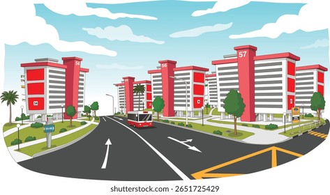 High-rise public flats in Singapore, with trees, streetlights, and a passing bus. A blue sky adds charm to the orderly streetscape of Singapore. 

