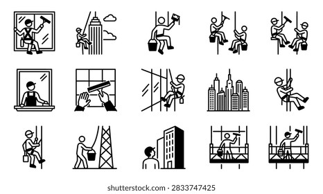 High-rise window cleaning and skyscraper maintenance icons.