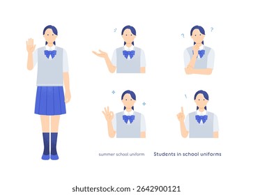 Garota do Ensino Médio no Uniforme Blazer de Verão - Conjunto Vetorial de 5 Poses