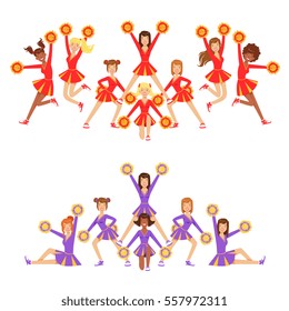 High-School Profession Cheerleading Teams Of Girls Cheerleaders On Final Pyramid Stand Posing With Pompoms. Football Support Female Gymnast Team In Cheerleading Uniform Vector Illustration