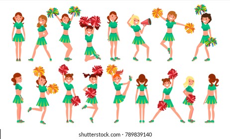 High-School Profession Cheerleading Teams Vector. In Action. Fans Girls Dancing With Pompoms. Jumping And Dancing Together. Cartoon Character Illustration
