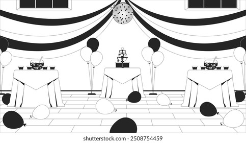 Highschool Abschlussball Party Interieur schwarz-weiß Linie Illustration. High School Tanz formale Veranstaltung 2D Innenraum monochrome Kulisse. Ballons mit Bändern. Diskothek Ball, Stanzschalen Tabellen Umriss Vektor