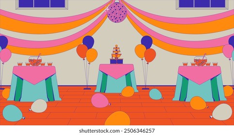 Highschool Abschlussball Party Innen Cartoon flache Illustration. High School Tanz formale Veranstaltung 2D Interieur bunten Hintergrund. Ballons mit Bändern. Diskothek Ball, Stanzschalen Tabellen Szene Vektorbild