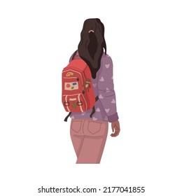 Highschool woman student with backpack, back view of woman from college or university. Vector brunette fashion lady with knapsack, girl traveler rear view