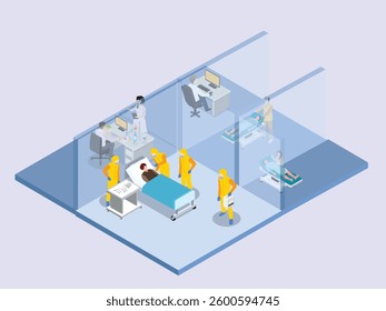 High-Security Medical Facility with Healthcare Workers and Patients 3d flat vector illustrations