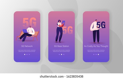 High-speed 5G Internet Mobile App Page Onboard Screen Set. Young People Communicating Online Using Gadgets. Social Media Networking Concept for Website or Web Page. Cartoon Flat Vector Illustration