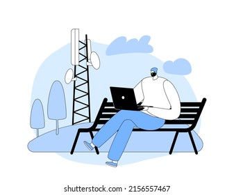 Hochgeschwindigkeits-5G-Internet, Social Media-Netzwerke. Junge Mann sitzend auf Bench mit Laptop in Hands bei Transmission Telecommunication Tower online kommunizieren. Cartoon-Flache Vektorgrafik