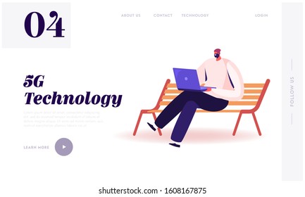Página de inicio de sitio web de tecnología de Internet 5G de alta velocidad. Joven sentada en el banco con portátil en manos comunicándose en línea en el banner de la página web de la red de medios sociales. Ilustración de vectores planos de caricaturas
