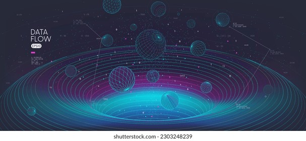 Flujo de grandes datos de alta velocidad, procesamiento de información de túneles de base de datos, análisis y estadísticas innovadores de datos codificados, formas geométricas de 3d estructural del ciberespacio fondo de vectores de agujeros negros