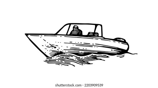 High-speed Boat rides on waves. Small ship sails on sea, lake or river. Plastic composite boat with motor. Hand drawn outline sketch. Isolated on white background. Vector.
