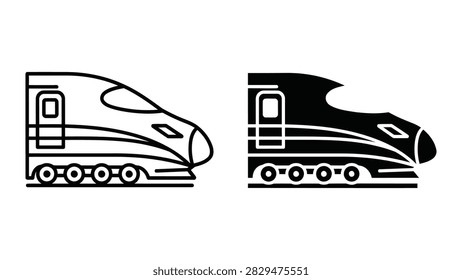High-speed bullet train vector icon set featuring a sleek aerodynamic design. These icons come in both outline and solid black styles ideal for travel websites transportation apps logistics and public transit information graphics.