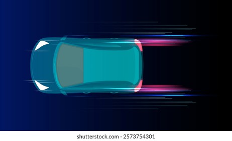 High-Speed Car Movement: Sport Car in Motion with Glowing Blue and Red Neon Lights | Vector Illustration