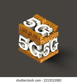 High-speed communication 5G. Vector illustration of a cube figure with 5G advertising sides. Sketch for creativity.