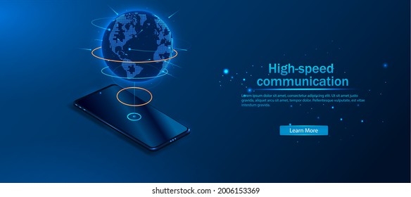 High-speed connection to the world Wide Web from anywhere in the world via the mobile Internet. The hologram of the earth consists of a polygon, and points. Vector illustration.
