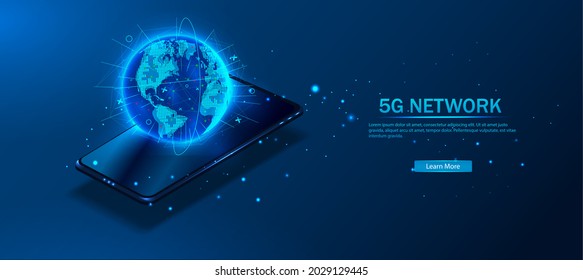 High-speed connection to the world Wide Web from anywhere in the world via the mobile Internet. The hologram of the earth consists of a polygon, and points. Vector illustration.