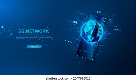 High-speed connection to the world Wide Web from anywhere in the world via the mobile Internet. The hologram of the earth consists of a polygon, and points. Vector illustration.