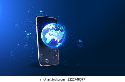 High-speed connection to the world Wide Web from anywhere in the world via the mobile Internet. The hologram of the earth consists of a polygon, and points. Vector illustration.