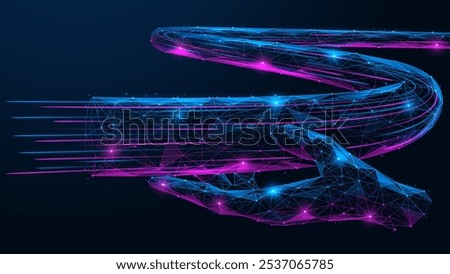 High-speed digital cable in hand. Polygonal design of interconnected lines and dots.