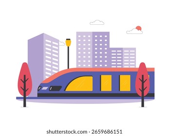 High-speed electric rail train in the city, public transport for passengers. Character design. Vector flat illustration
