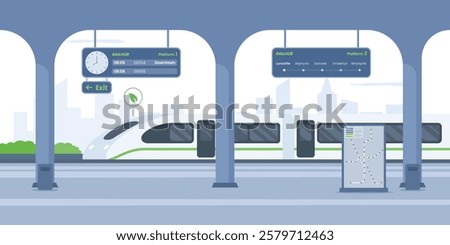 high-speed electric train on the Train station platform with schedules, and map; perfect for travel posters, transportation blogs, and urban life publications.