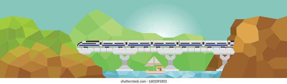 The high-speed electric train runs on the bridge over the river, surrounded by high mountains.