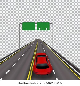 High-speed highway in perspective. Red car. Isolated on cellular background. Vector illustration