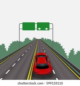 High-speed highway in perspective. Red car. Isolated on white background. Information signs. Abstract landscape. Vector illustration