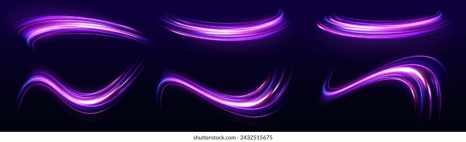 Línea de alta velocidad en forma de carretera y autopista en una ciudad nocturna. Rayas de neón en forma de taladro, giros y remolinos. Velocidad de fondo de concepto de luz.	