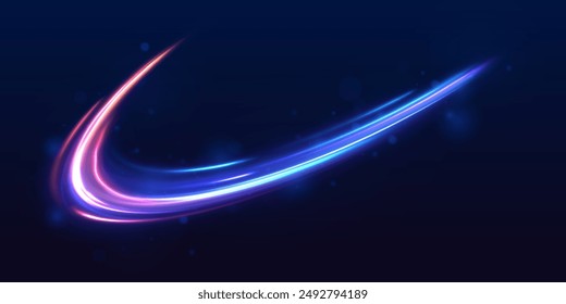 High-speed light line in the form of a road and a highway in a night city. Neon stripes in the form of drill, turns and swirl. Speed of light concept background.	