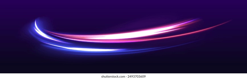 High-speed light line in the form of a road and a highway in a night city. Neon stripes in the form of drill, turns and swirl. Speed of light concept background.	