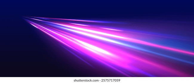 High-speed light line in the form of a road and a highway in a night city. Neon line as speed or arc, turn, twist, bend in light effect.	