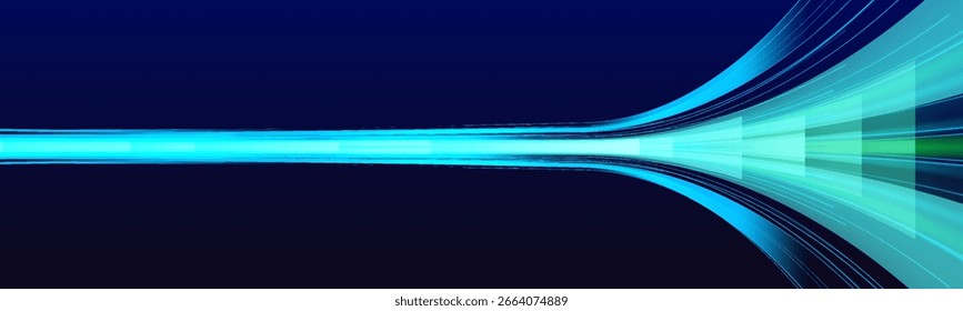 High-speed light line in the form of a road and a highway in a night city. Particle motion light effect. Abstract fire flare trace lens flares. Long exposure of motorways as speed.	