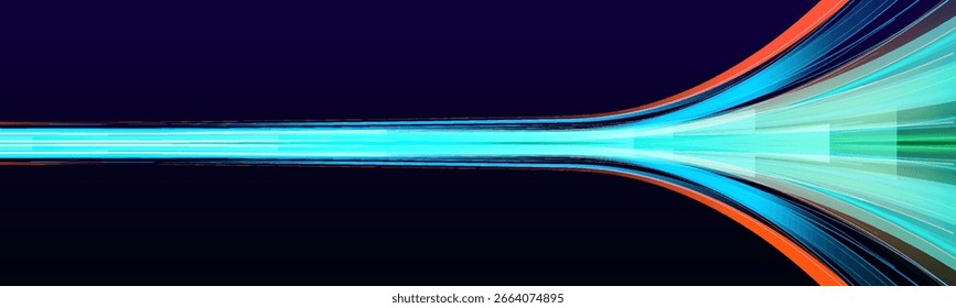 Linha de alta velocidade na forma de uma estrada e uma estrada em uma cidade noturna. Efeito de luz de movimento de partículas. Sinalizações abstratas de lentes de traços de chamas de fogo. Longa exposição das autoestradas como velocidade.	