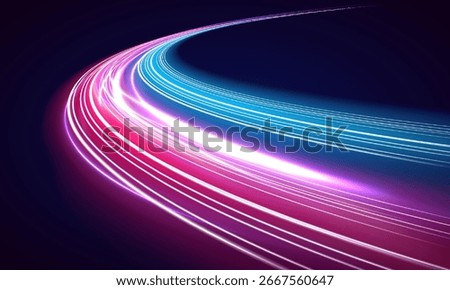 High-speed light line in the form of a road and a highway in a night city. Abstract technology futuristic neon circle glowing. Vector illustration.	
