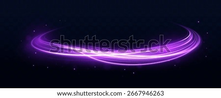 High-speed light line in the form of a road and a highway in a night city. Abstract technology futuristic neon circle glowing. Vector illustration.	
