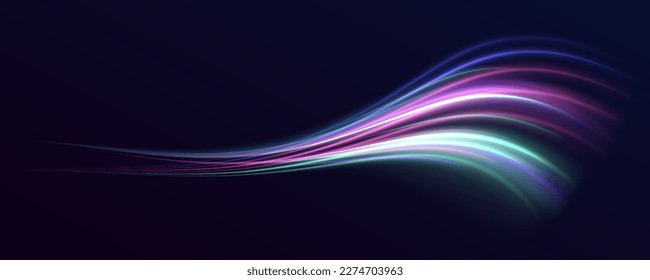 High-speed light trails effect. Futuristic dynamic motion technology. Neon color glowing lines background	