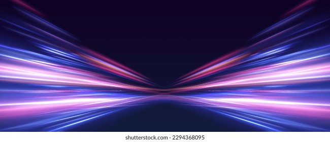 High-speed light trails effect. Futuristic dynamic motion technology. Electric car and city concept Hitech communication concept innovation background, vector design.