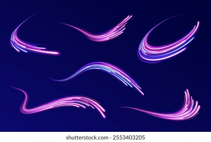 High-speed light trails effect. Futuristic dynamic motion technology. Png, neon, line, blur, beam, ray, abstract, energy. Neon color glowing lines background. Glowing wave swirl, impulse cable lines. 