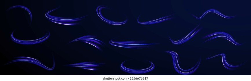 High-speed light trails effect. Futuristic dynamic motion technology. Png, neon, line, blur, beam, ray, abstract, energy. Neon color glowing lines background, Glowing wave swirl, impulse cable lines. 