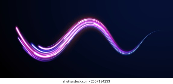 High-speed light trails effect. Futuristic dynamic motion technology. Png, neon, line, blur, beam, ray, abstract, energy. Neon color glowing lines background, Glowing wave swirl, impulse cable lines. 