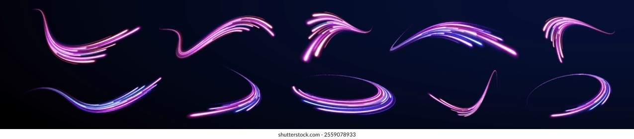 High-speed light trails effect. Futuristic dynamic motion technology. Png, neon, line, blur, beam, ray, abstract, energy. Neon color glowing lines background. Glowing wave swirl, impulse cable lines. 