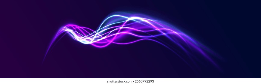 High-speed light trails effect. Futuristic dynamic motion technology. Png, neon, line, blur, beam, ray, abstract, energy. Neon color glowing lines background, Glowing wave swirl, impulse cable lines. 