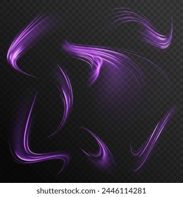 High-speed light trails effect. Semicircular wave, light trail curve swirl, optical fiber incandescent.Purple glowing wave swirl. Magic of moving fast motion laser beams. Long time exposure. Vector.	

