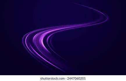 Efecto de rastros de luz de alta velocidad. Onda semicircular, remolino de curva de rastro ligero, fibra óptica incandescente. Magia de los rayos láser de movimiento rápido. Exposición de largo tiempo. Vector.	
