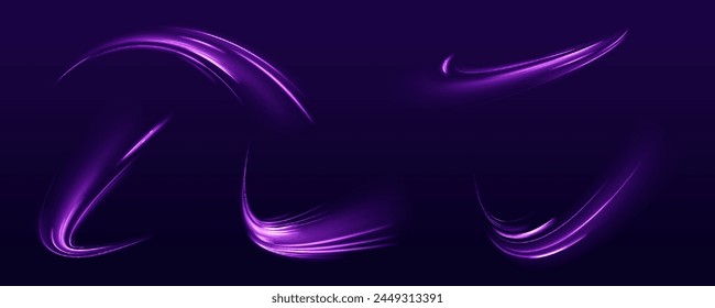 High-speed light trails effect. Semicircular wave, light trail curve swirl, optical fiber incandescent.Purple glowing wave swirl. Magic of moving fast motion laser beams. Long time exposure. Vector.	
