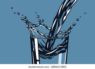 High-speed liquid splash of water or beverage being poured into a clear glass on a solid blue background for refreshment.