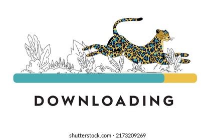 High-speed Loading. Running Cheetah. Waiting For Website Upload. Digital Reboot Line. Computer Interface With Load Progress Indicator And Funny Animal. Vector Concept Of Fast Downloading.